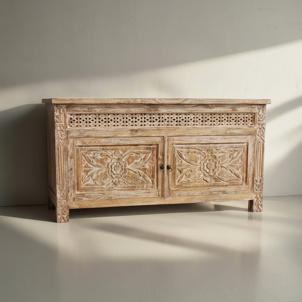 Kediri White Wash Carved Teak Vanity 150cm | 2 Door