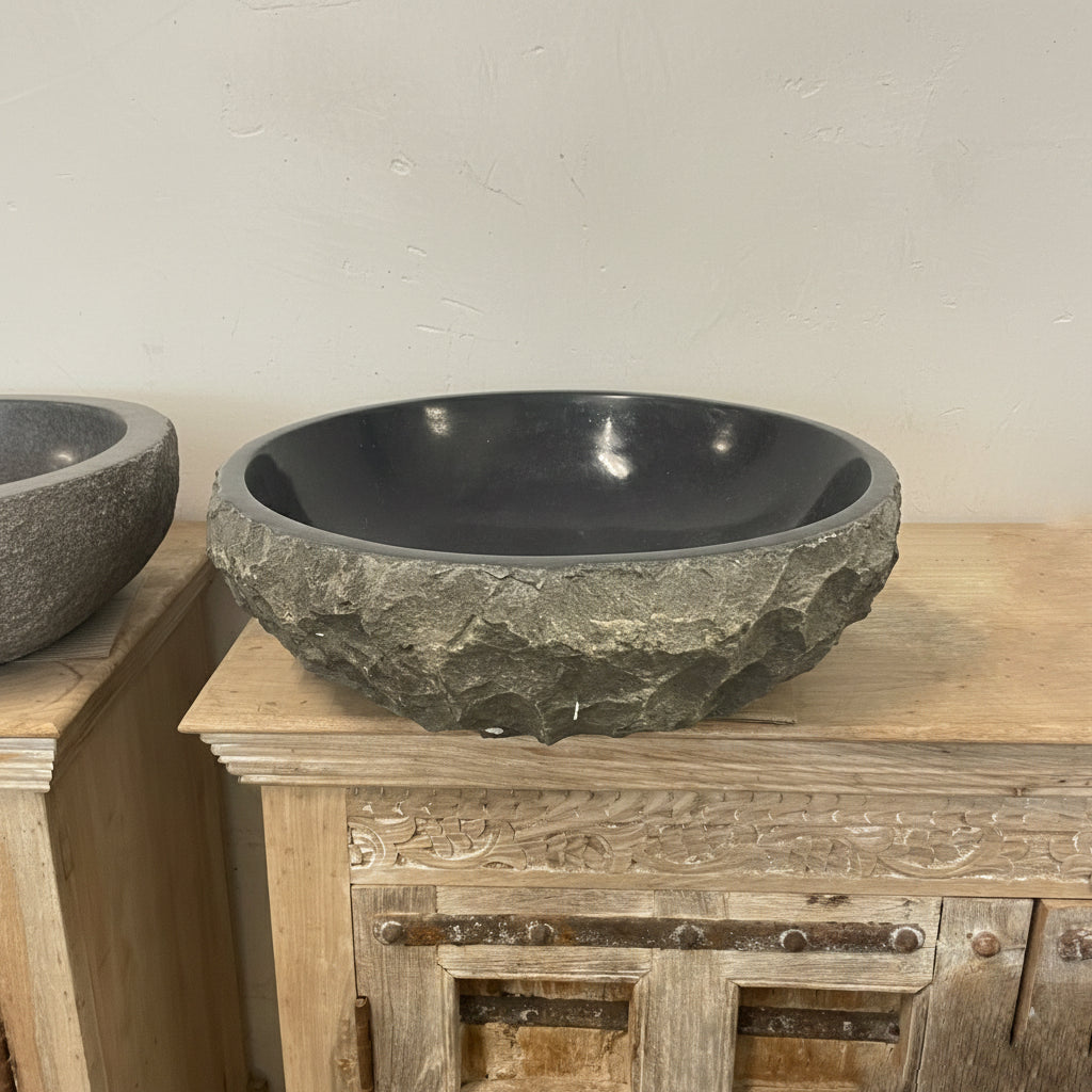 Chisel andesite stone basin – round – 45cm diameter – Paradise Living Co.