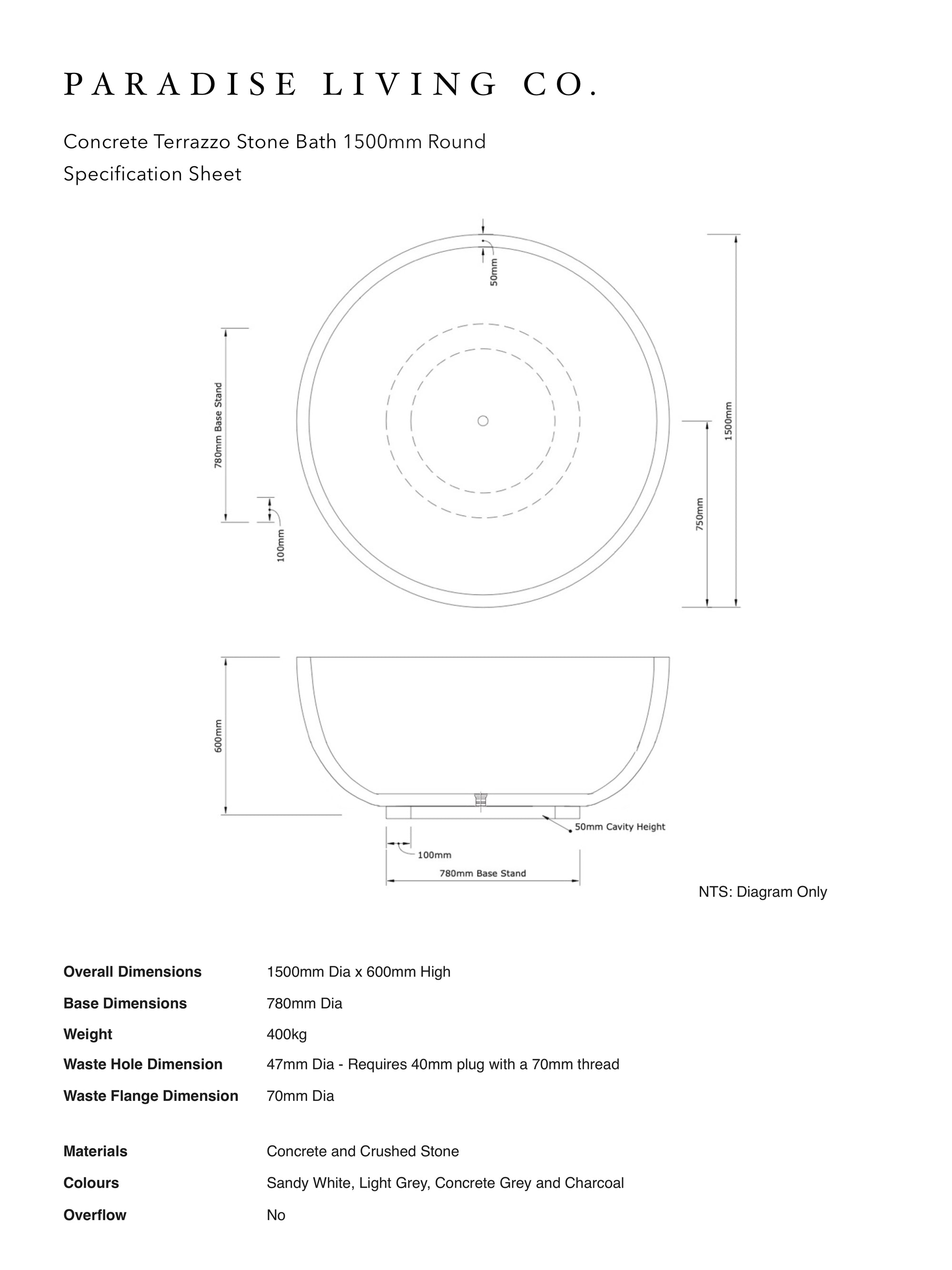 Freestanding Round Terrazzo Stone Bath 1500mm – Dark Grey | Handmade