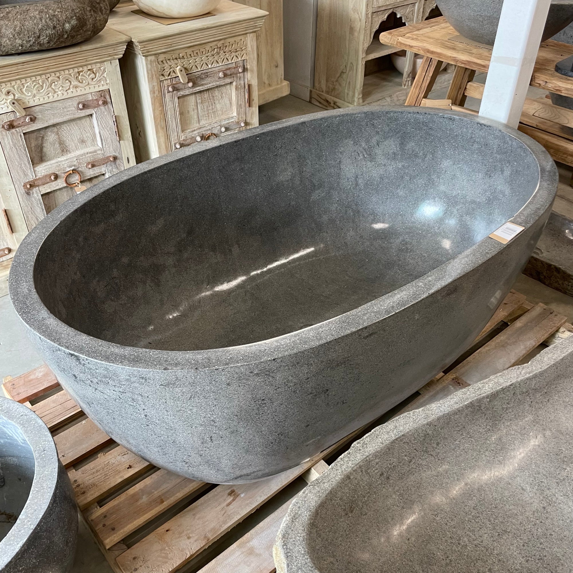 Freestanding Oval Terrazzo Stone Bath 1750mm – Concrete Grey | Handmade