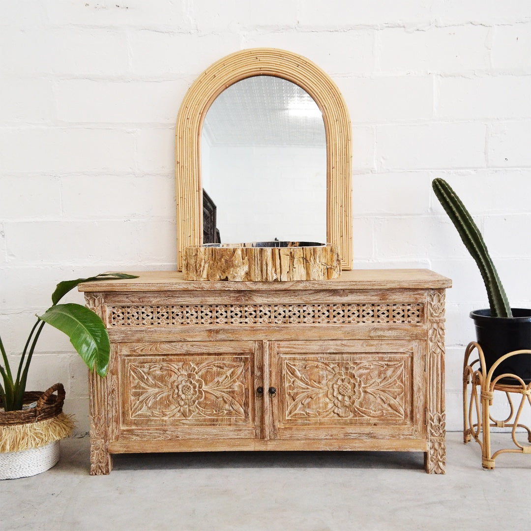 Kediri White Wash Carved Teak Vanity 150cm | 2 Door