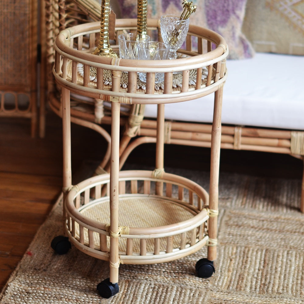 Natural Halia Round Rattan Bar Cart